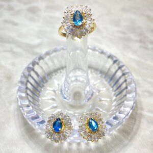 Vintage Blue Teardrop Sapphire Opal Topaz Baguette 925 Gold Ring-8 + Earring Set
